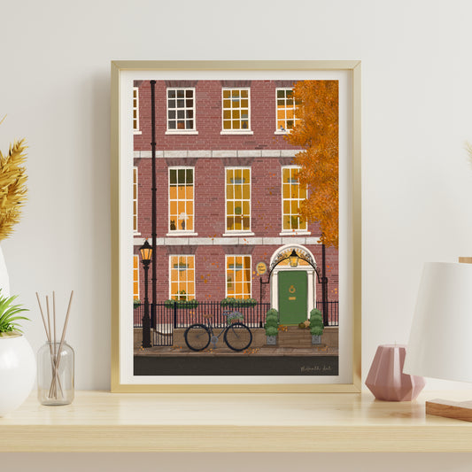 Illustrated Dublin Georgian doors in autumn with bicycle, hidden hedgehog and spiderweb details — M Heath Art print