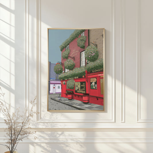 Hand-illustrated fine art print of Temple Bar, Dublin displayed in a light oak frame in a bright, modern living room.