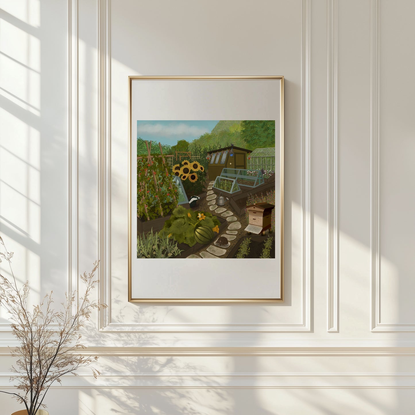 Hand-illustrated allotment fine art print displayed in a light oak frame in a bright modern home.