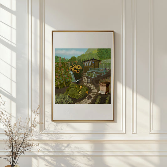 Hand-illustrated allotment fine art print displayed in a light oak frame in a bright modern home.