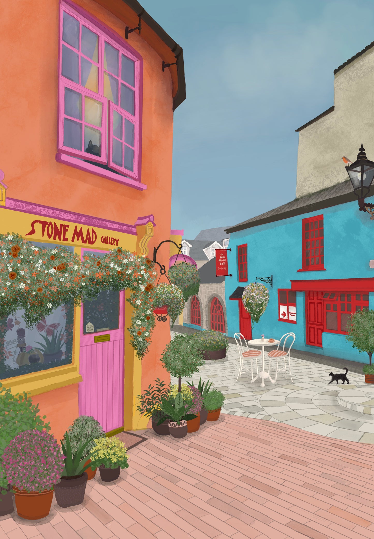 A stylized illustration of a quaint street scene with colorful buildings, a pink storefront door, potted plants, outdoor seating, and a small black cat on a stone-paved walkway.