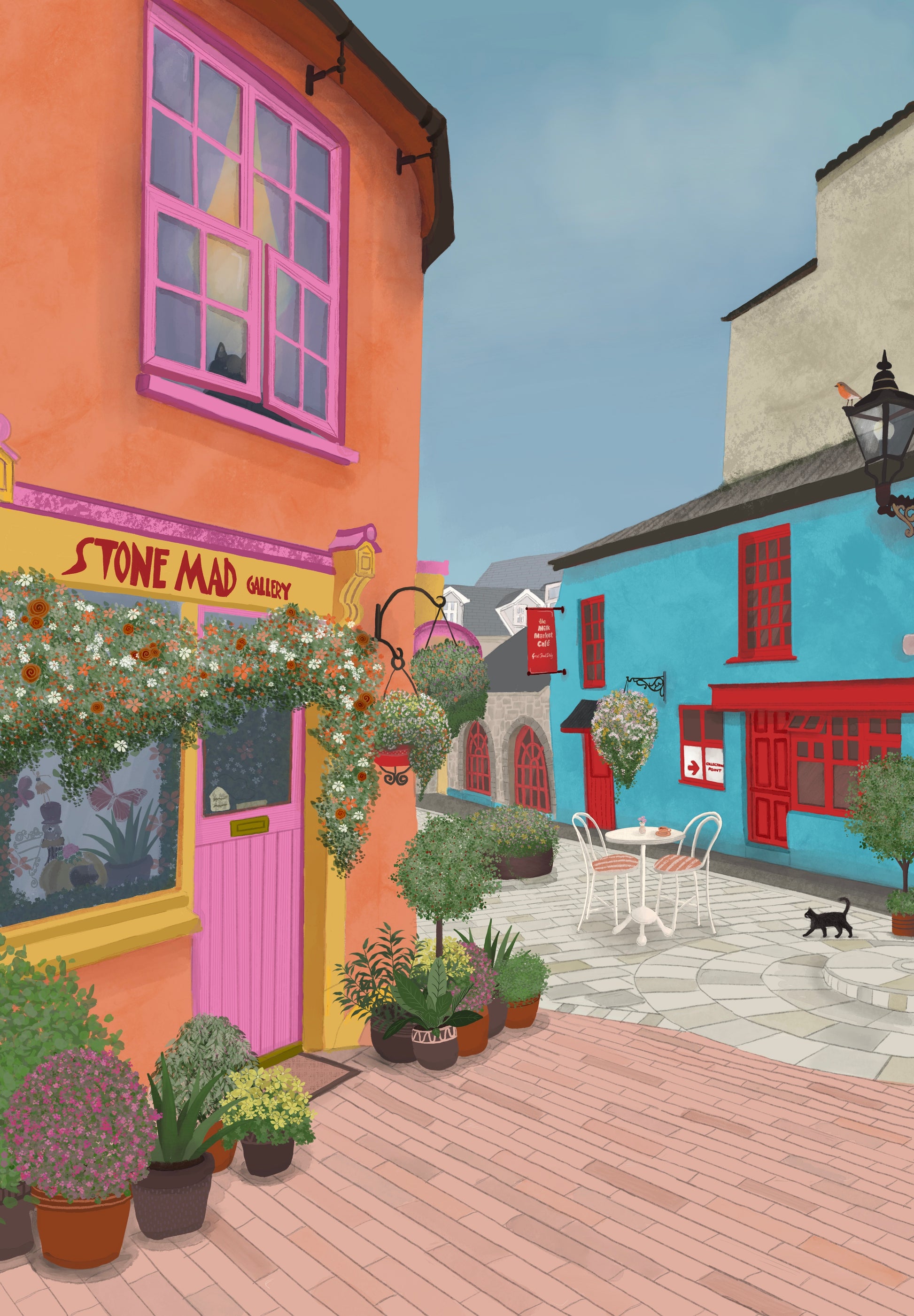 A stylized illustration of a quaint street scene with colorful buildings, a pink storefront door, potted plants, outdoor seating, and a small black cat on a stone-paved walkway.