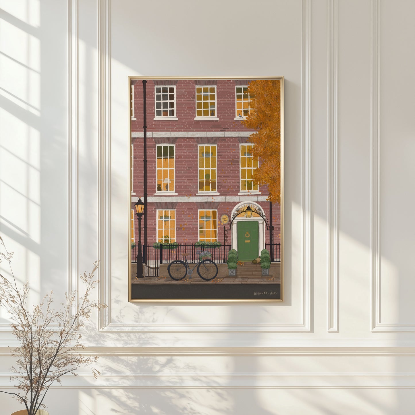 Illustrated Dublin Georgian doors in autumn with bicycle, hidden hedgehog and spiderweb details — M Heath Art print