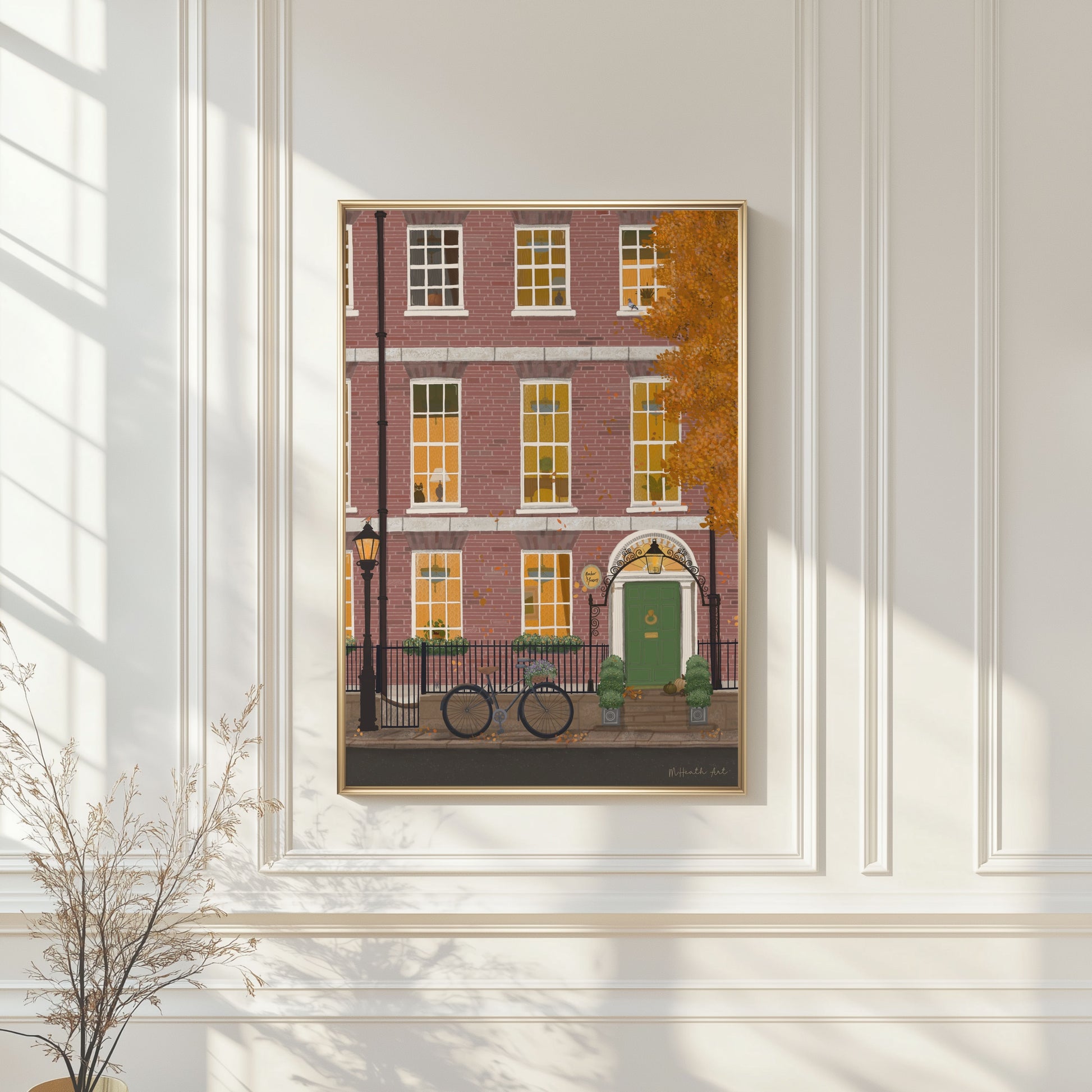 Illustrated Dublin Georgian doors in autumn with bicycle, hidden hedgehog and spiderweb details — M Heath Art print
